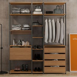 Guarda Roupa Casal Closet Aberto Bacco Estilo Industrial 1 Porta 4 Gavetas MDP Carvalho Cinza - MENU - 1