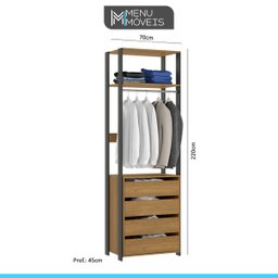 Guarda Roupa Casal Closet Aberto Bacco Estilo Industrial 1 Porta 4 Gavetas MDP Carvalho Cinza - MENU - 4