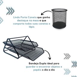Kit Escritório Organizador Bandeja Lixeira Porta Lápis Lixo Preto - 4