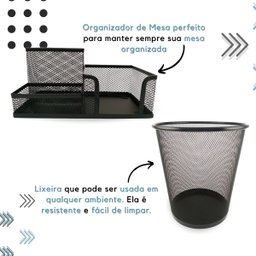 Kit Escritório Organizador Bandeja Lixeira Porta Lápis Lixo Preto - 3