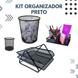 Kit Escritório Organizador Bandeja Lixeira Porta Lápis Lixo Preto - 2