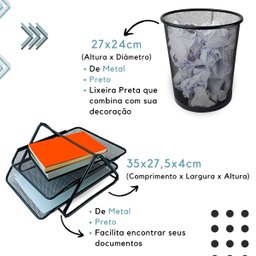 Kit Escritório Organizador Bandeja Lixeira Porta Lápis Lixo Preto - 6