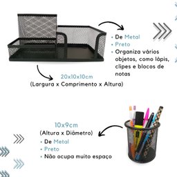 Kit Escritório Organizador Bandeja Lixeira Porta Lápis Lixo Preto - 5