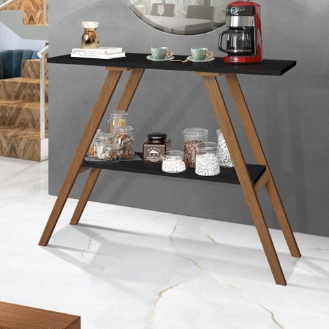Aparador Cantinho do Café Pés Madeira Prateleiras Mdf Preto