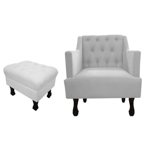 Kit Poltrona Decorativa Julia + Puff Luis Xv Couro Branco Pés Madeira Ms Decor