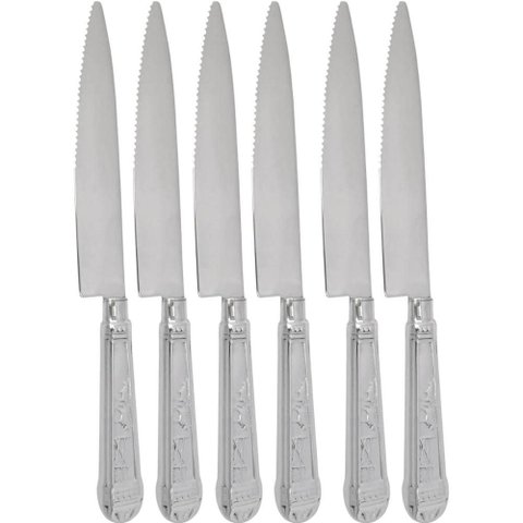 Jogo 6 Facas Mesa Churrasco Aço Inox 24cm Modelo Prateada Serrilhada