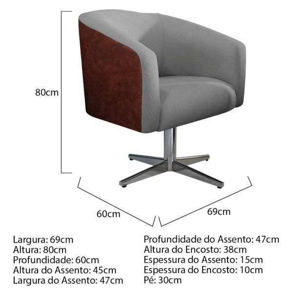 kit 03 Poltronas Luiza Base Giratória de Metal Couro Ecológico Nozes e Linho Cinza - ADJ Decor - 5