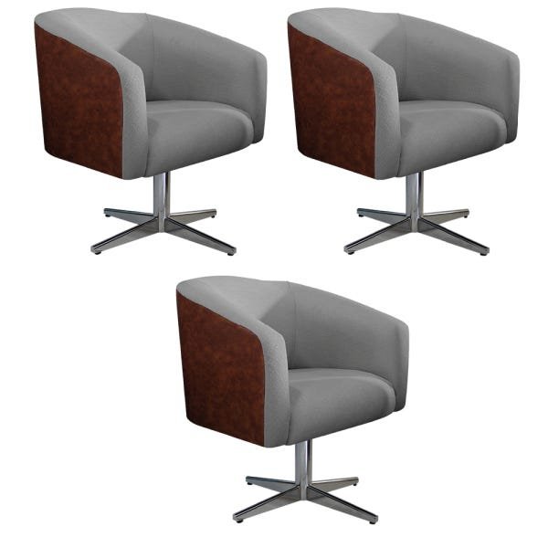 kit 03 Poltronas Luiza Base Giratória de Metal Couro Ecológico Nozes e Linho Cinza - ADJ Decor - 1
