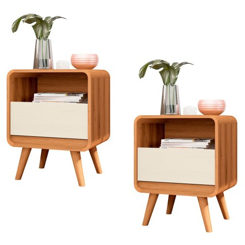 Kit 2 Mesas de Cabeceira com Gaveta Channel Nature com Off White - Fabrimoveis