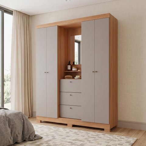 Guarda Roupa Solteiro com Espelho e Capelinha 4 Portas 3 Gavetas 205cm Sonata Yescasa Freijó/Cinza Gris
