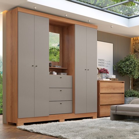 Guarda-Roupa 4 Portas 3 Gavetas com Espelho Sonata 160cm Cinza/Freijó/Gris