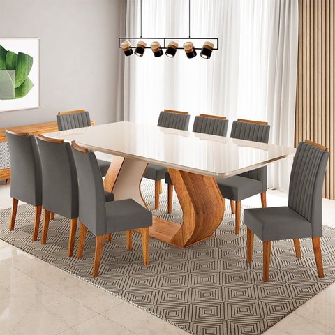 Conjunto Sala de Jantar 8 Lugares Retangular Tampo em Vidro e MDF Mazara Yescasa Cinza/Mel/Off White