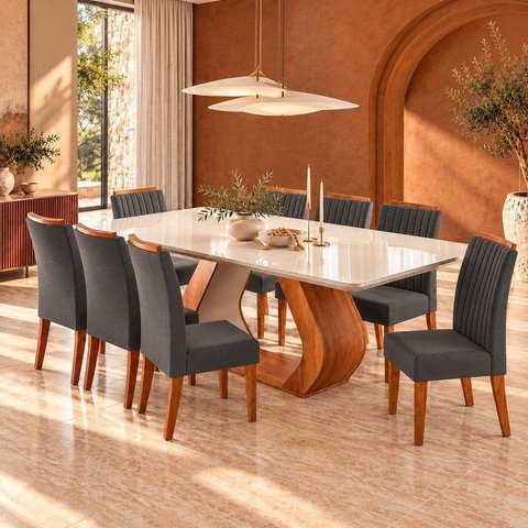 Conjunto Sala de Jantar 8 Lugares Retangular Tampo em Vidro e MDF Mazara Yescasa Cinza/Mel/Off White