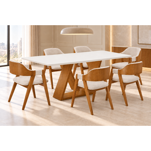 Sala de Jantar 6 Cadeiras Mesa 2,20x1,10 Europa - Imperial:Linho Cru