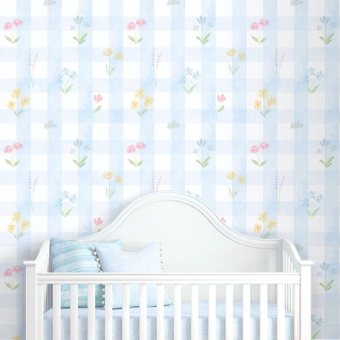 Papel de Parede Adesivo Xadrez Floral Aquarela Azul