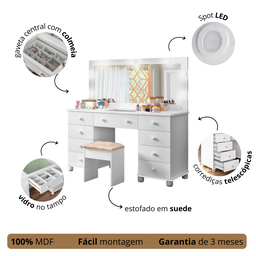 Penteadeira Camarim com Banqueta 9 Gavetas com Espelho e Iluminação Led 100% Mdf - 2
