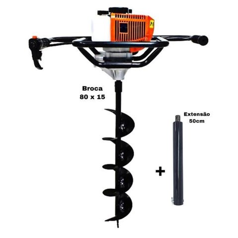 KIT Perfurador de Solo Vulcan VPS520-S 2T 52CC 2,5HP com Broca 80x15cm + Extensão Vulcan 50cm