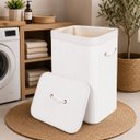 Ver imagem 2 de Cesto Roupa Bambu 70 Litros Tampa Lavanderia Banheiro Retangular Branco