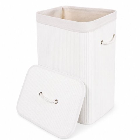 Cesto Roupa Bambu 70 Litros Tampa Lavanderia Banheiro Retangular Branco