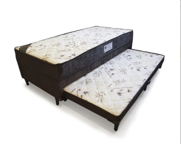 Cama Solteiro Conjugada com Molas e com Cama Auxiliar 88 x 188- Suede Marrom - Tampo Bambu Marrom - 1
