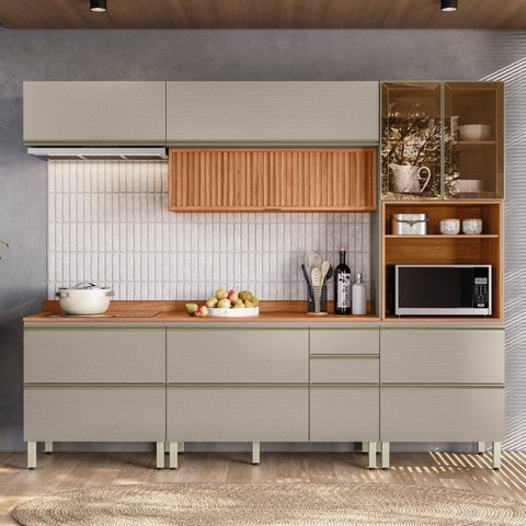 Cozinha Completa Modulada 5 Pecas 218,5cm x 270cm Proença Bege/Nogueira/Nude Prime
