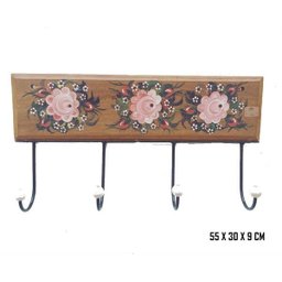 cabideiro cabide ferroe madeira pintura flores 4 GANCHOS suporte parede pendurador bolsas roupas - 1