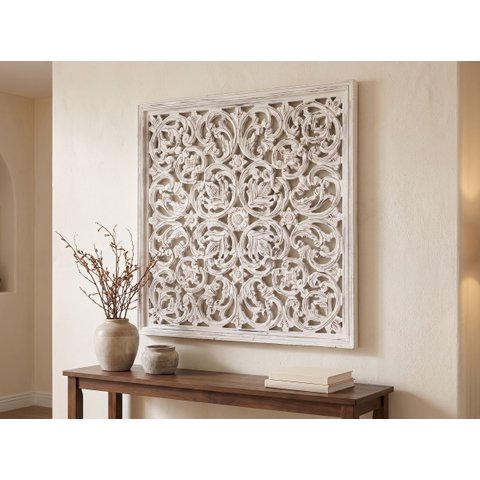Painel Decorativo de Parede em Madeira Branca Envelhecida Esculpido À Mão 91x91x7 cm