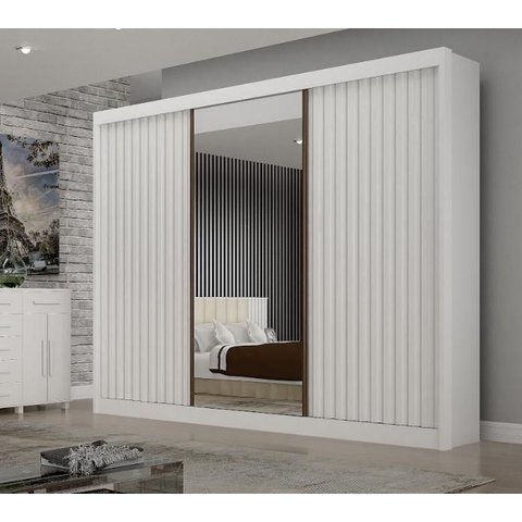 Guarda Roupa Casal com Espelho 100% MDF 3 Portas de Correr 276cm Ripado São Paulo Branco - Leifer