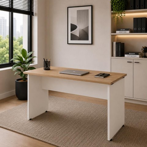 Mesa Retangular Escrivaninha 135cm x 60cm Tampo 25mm com Pés Painel F5 Office Cor:Macadâmia com