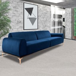 Sofá 3 Lugares Sala de Estar Base de Madeira Euro 2,10M Veludo Azul Marinho - Gran Belo - 5