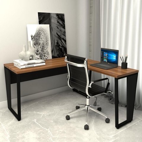 Mesa de Escritório em L Industrial Tampo 30mm Nogal com Preto F5 Office
