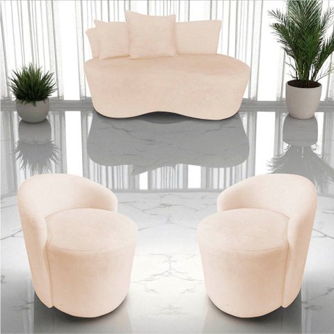 Kit Namoradeira + 2 Poltronas Yara Orgânica Couro Bege