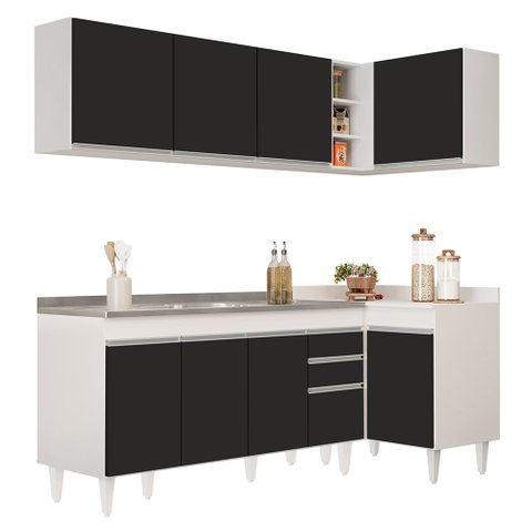 Armário de Cozinha Modulado de Canto Esquerdo 4 Peças Cp51 com Pia Inox Branco/preto - Lumil Lumil M