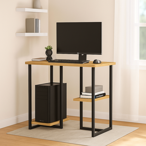 Mesa para Computador Mali 76cm com Prateleiras Estilo Industrial Freijó/preto