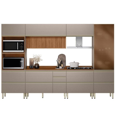 Cozinha Modulada Proença 6 Peças com Cristaleira e Balcão 120cm Nogueira Touch/nude Prime Tx -