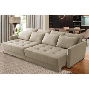 Sofá Cama Retrátil e Reclinável 2,10m com Molas Cairo Veludo Bege Mirra Decor