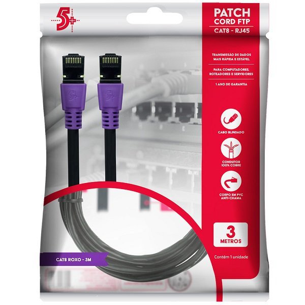 Cabo de Rede CAT8 PATCH CORD FTP 2000 MHZ / 40 GBPS 3M Roxo 5+ - 2