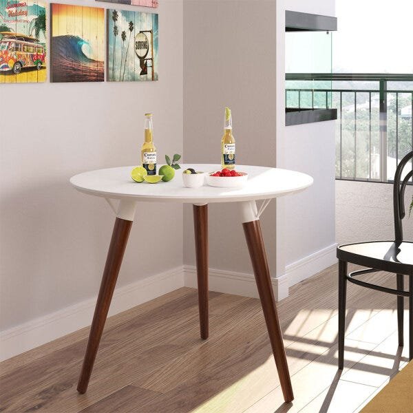 Mesa de Jantar Redonda Artenis Branco Pés de Madeira Escuro 90 cm - D'Rossi - 2