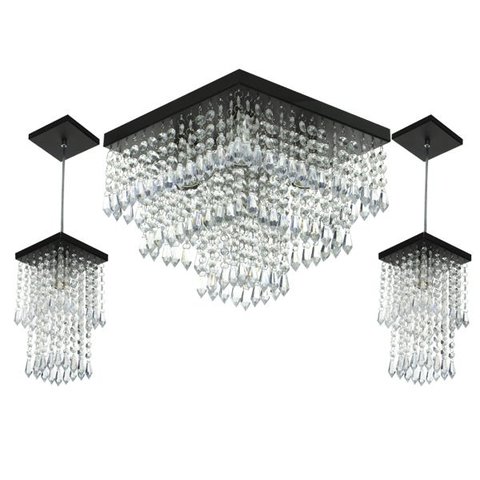 Kit 1 Lustre Cristal Acr. Sweet + 2 Pendentes Spark Preto
