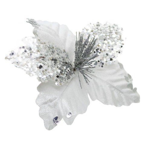 Kit 4 Flor de Natal Prata Artificial com Brilho 19cm