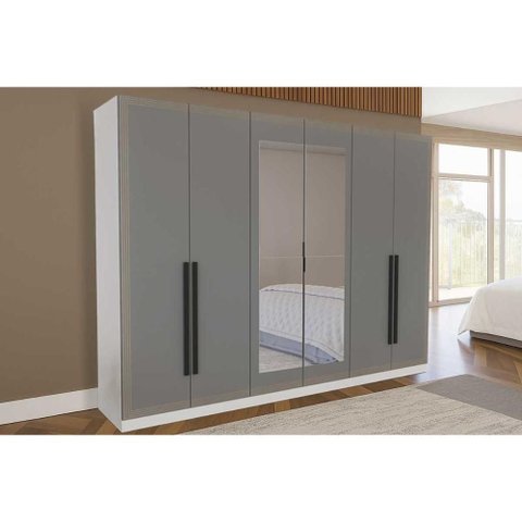 Guarda Roupa 6 Portas (2 C/ Espelho) e 4 Gavetas Valência Branco/cinza - Politorno