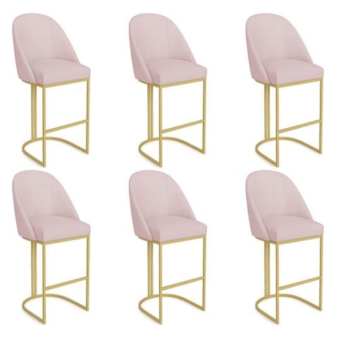 Kit 06 Banquetas Altas Bela Suede Rosa Bebê Base Metálica Dourada Pallazio