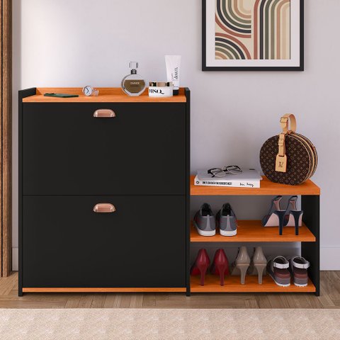 Sapateira Organizadora Quarto Closet Hall de Entrada Banco 2 Portas Basculantes Puxador Concha Milan
