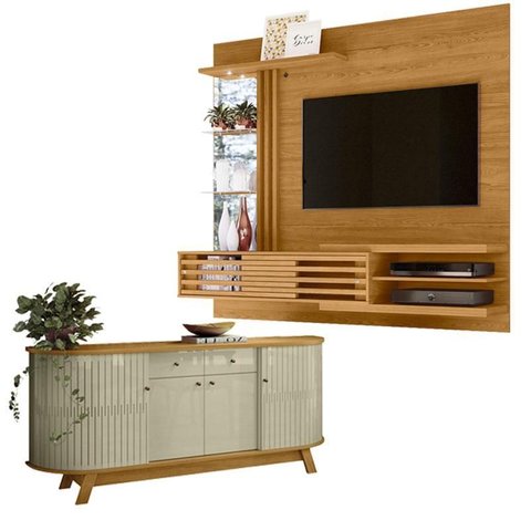 Estante Home Theater Bancada Suspensa Frizz Supreme Cumaru com Aparador Buffet Mônaco Cumaru Opala -
