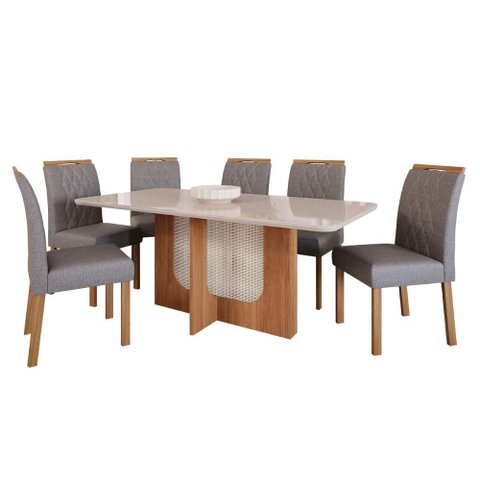 Conjunto de Mesa de Jantar Tampo de Vidro Off White Louise 1,80 com e 6 Cadeiras Juliana Cinamomo/
