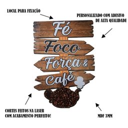 Placa Decorativa de Parede Madeira Coffe - Fé Foco Força & Café - 2