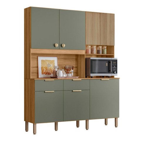Armario Cozinha Compacta Tropical 160cm 7 Portas e 2 Gavetas Freijo/verde/ripado