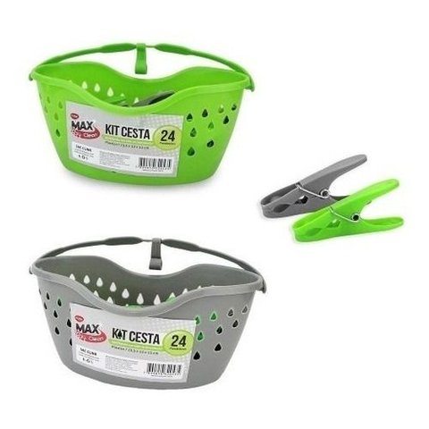 Kit Cesta Cinza e 24 Prendedores de Plástico Clink Cesta 24 Prendedores Verde-escuro