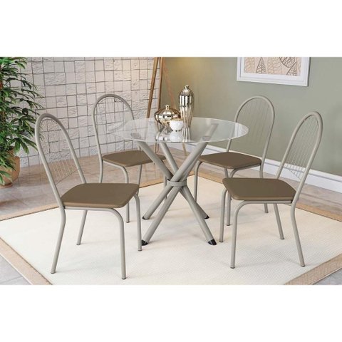Conjunto: Mesa Sala Jantar Volga C/ Tampo de Vidro 95cm e 4 Cadeiras Noruega Niquel - Courano