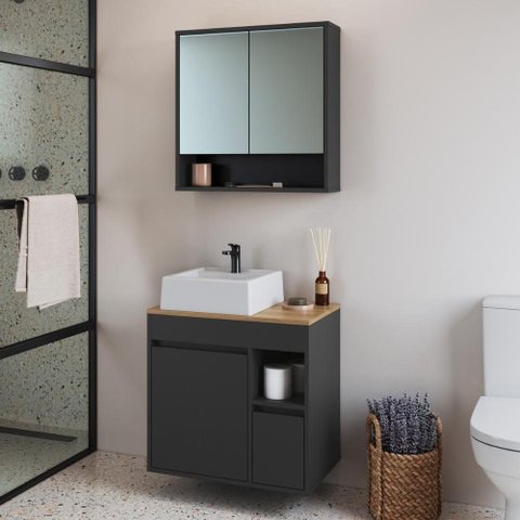 Conjunto Banheiro Gabinete Cuba e Espelheira 3 Portas 1 Gaveta 60cm Multimóveis Crart-CON015 Grafite